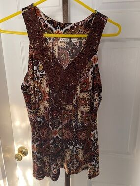 Cato Brown & Cream Paisley Embroidered V-Neck Tank